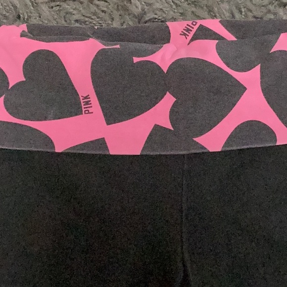PINK Victoria's Secret Black Leggings Pink heart Trim metallic silver PINK logo - Picture 3 of 6